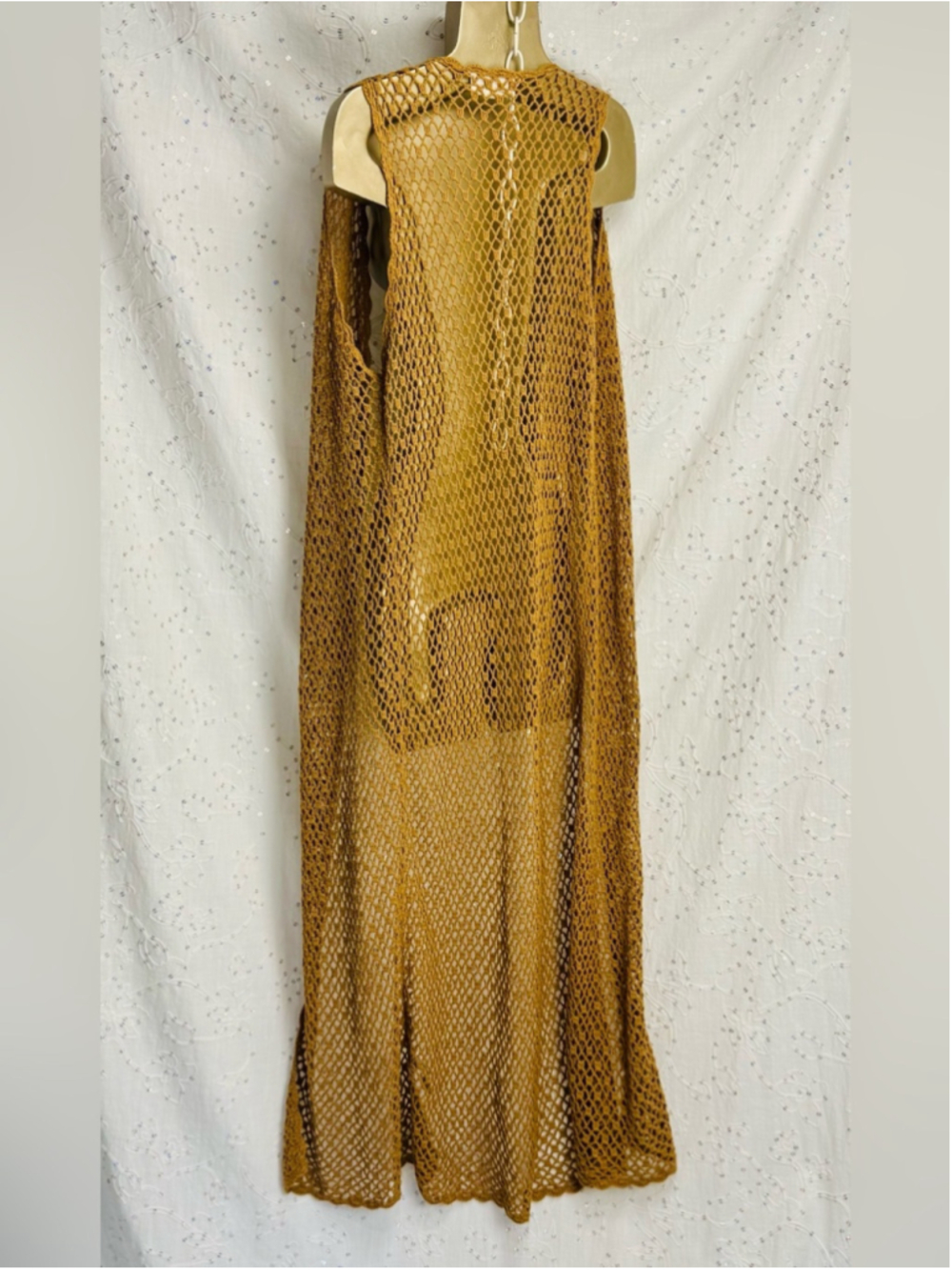 Boutique XXI Caramel Tan Crochet Maxi Duster Vest Boho Open Knit L - Picture 4 of 6